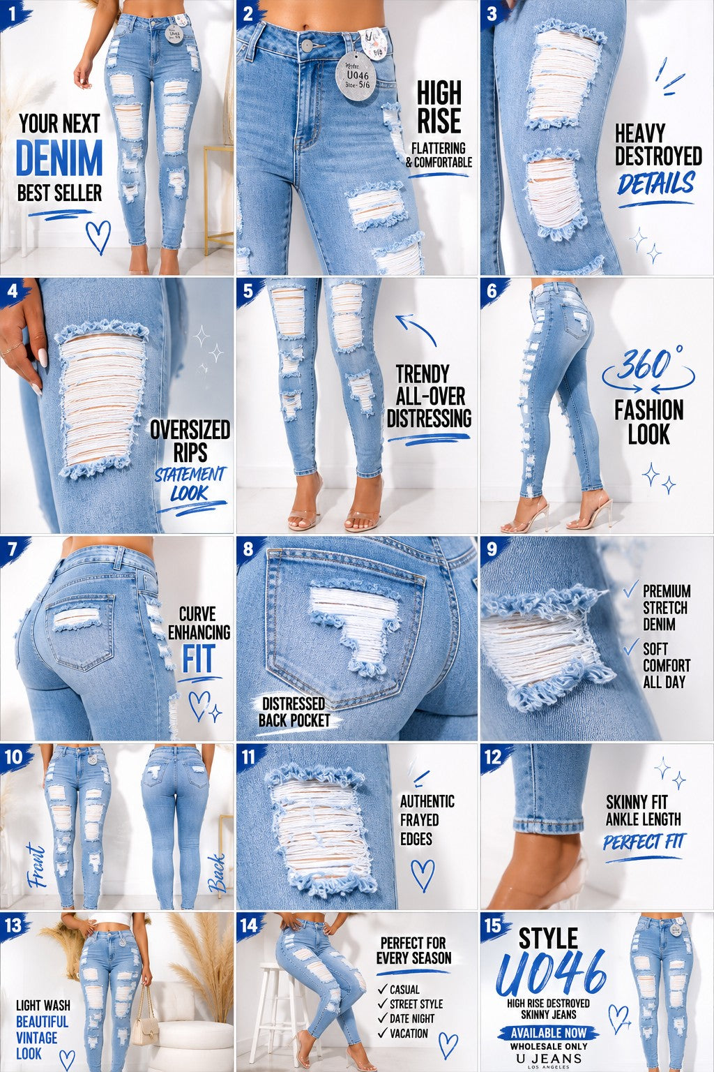 High Rise Back Destroyed Skinny Jeans - Light Wash Denim