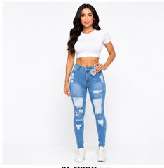 High Rise Back Destroyed Skinny Jeans - Light Wash Denim