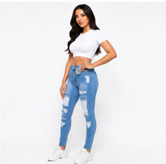 High Rise Back Destroyed Skinny Jeans - Light Wash Denim