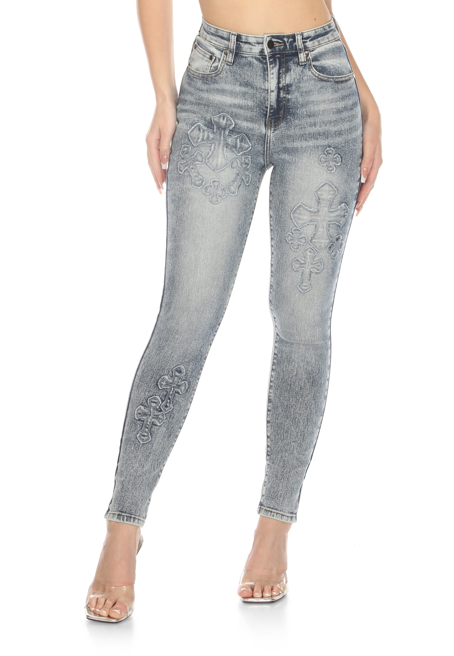 High Rise Acid Wash Cross Patch Skinny Jeans