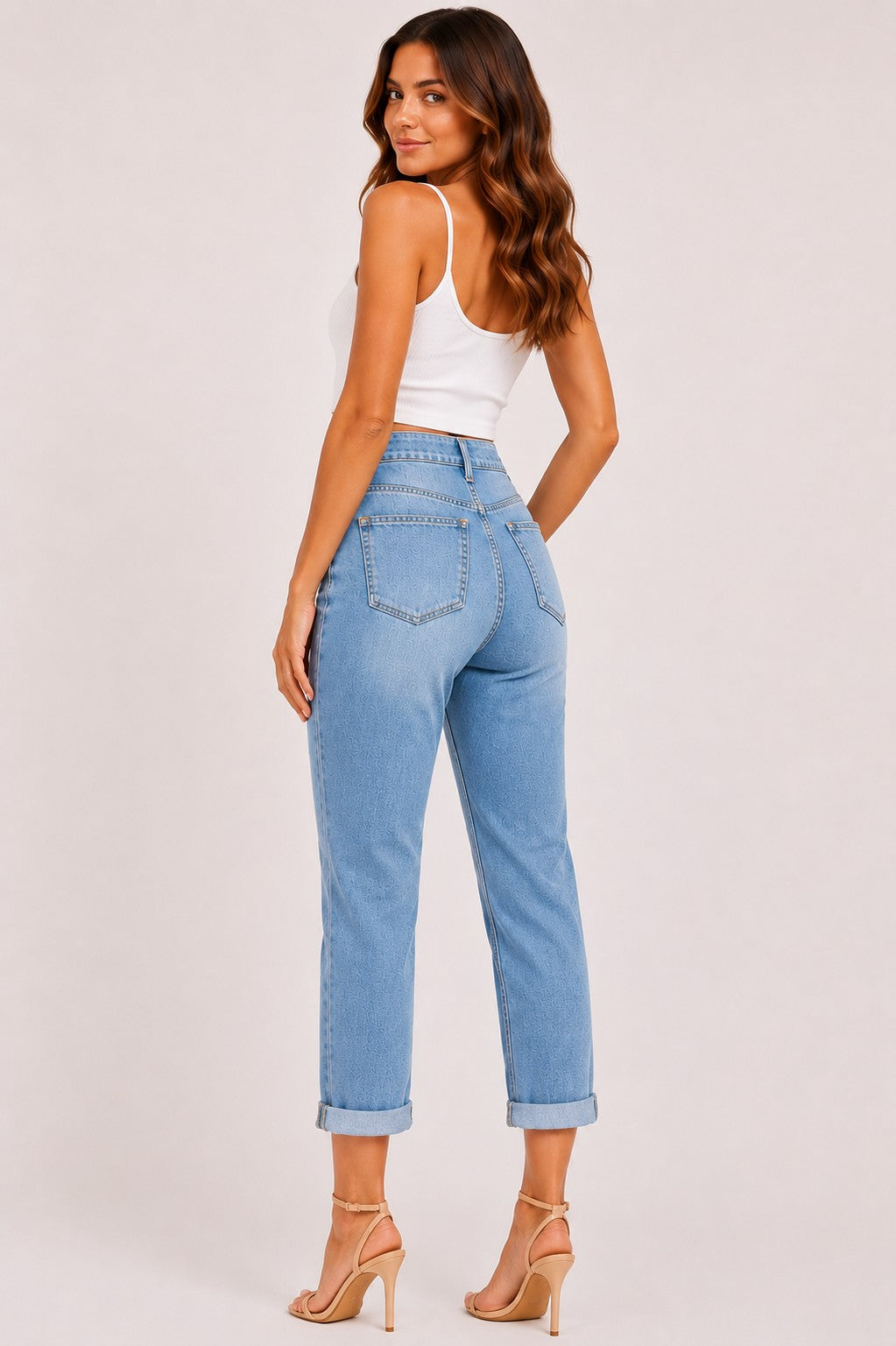 High Rise Distressed Boyfriend Jeans with Rolled Cuff