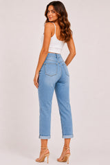High Rise Distressed Boyfriend Jeans with Rolled Cuff