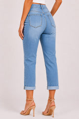 High Rise Distressed Boyfriend Jeans with Rolled Cuff