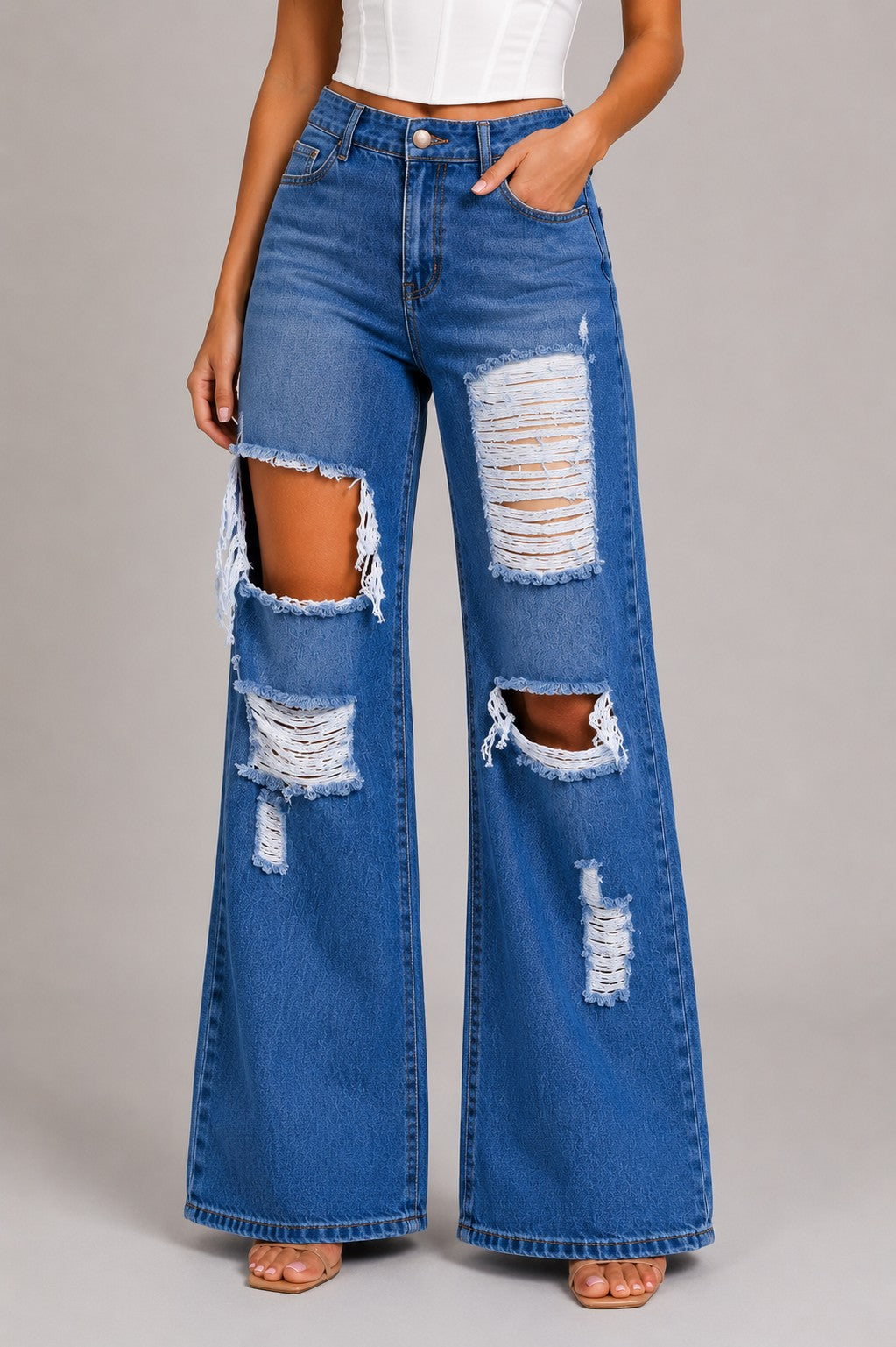 High Rise Destroyed Wide Leg Distressed Baggy Denim Jeans