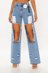 High Rise Extreme Distressed Wide Leg Jeans - Light Vintage