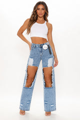 High Rise Extreme Distressed Wide Leg Jeans - Light Vintage