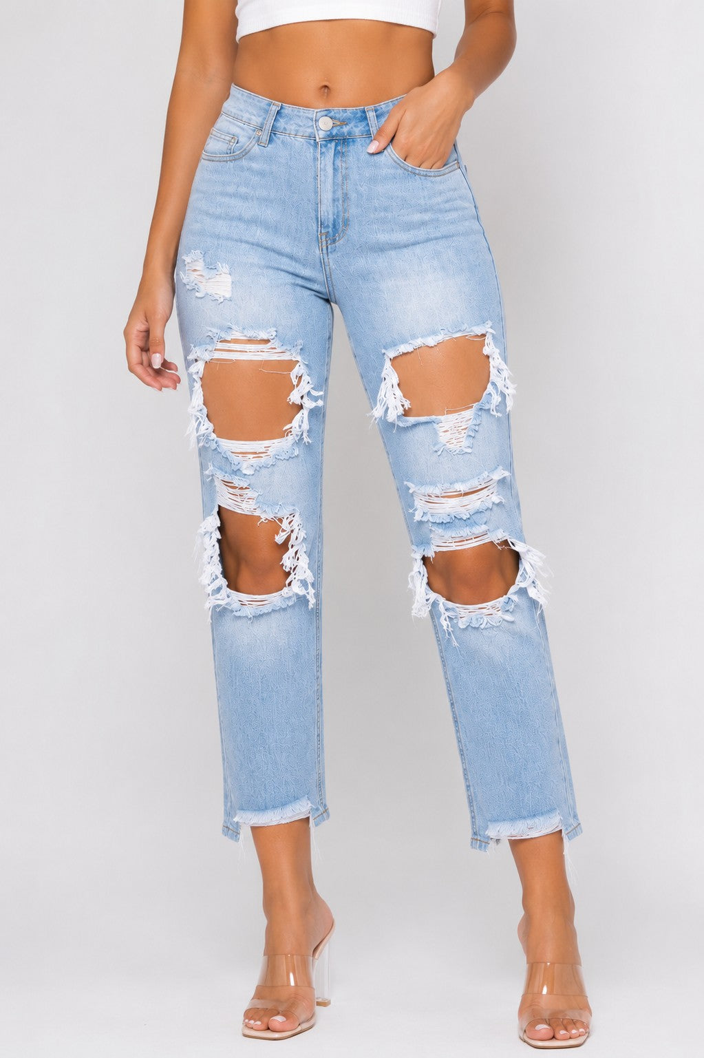 High-Rise Boyfriend Fit Distressed Light Jeans