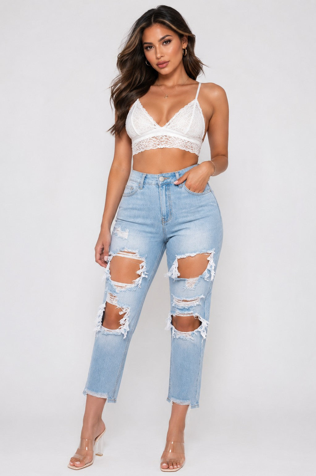 High-Rise Boyfriend Fit Distressed Light Jeans