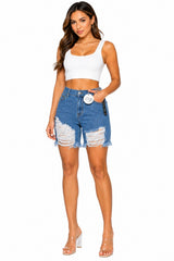 Boyfriend Fit High Rise Destroyed Bermuda Denim Shorts