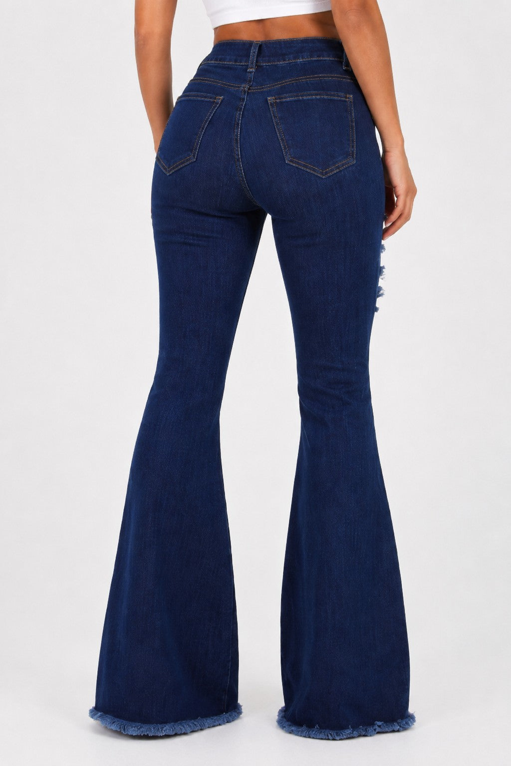 High Rise Distressed Flare Jeans Dark Wash Stretch Denim