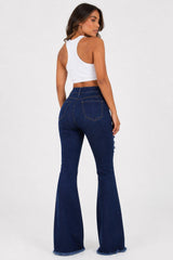 High Rise Distressed Flare Jeans Dark Wash Stretch Denim
