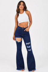High Rise Distressed Flare Jeans Dark Wash Stretch Denim