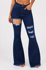 High Rise Distressed Flare Jeans Dark Wash Stretch Denim